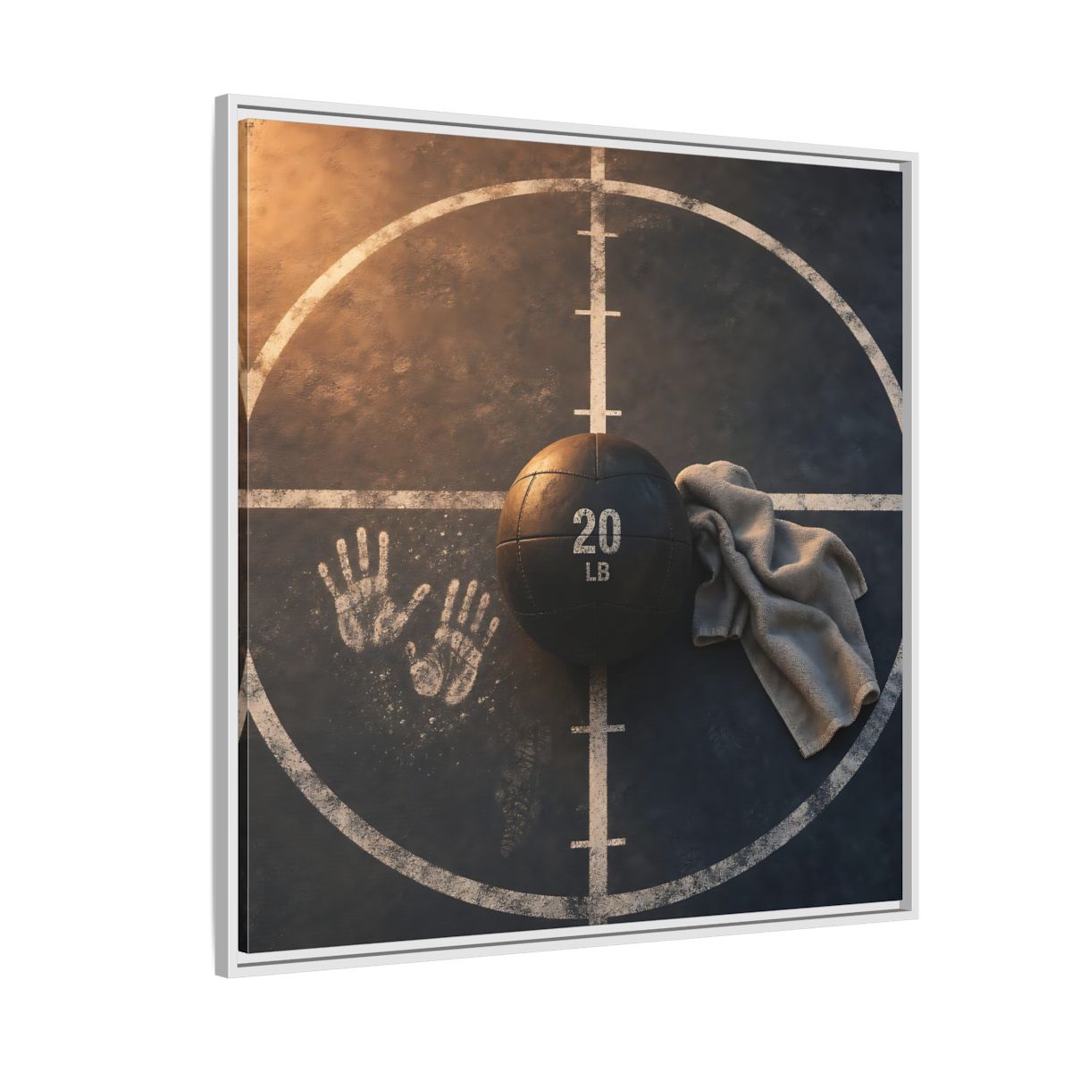 Side Mockup 4. Medicine Ball And Towel shown as framed canvas print