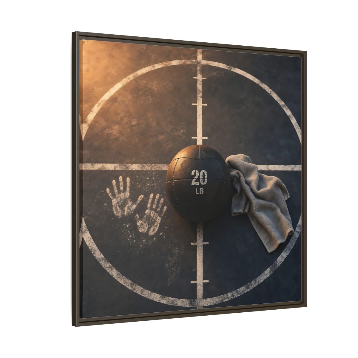 Side Mockup 5. Medicine Ball And Towel shown as framed canvas print
