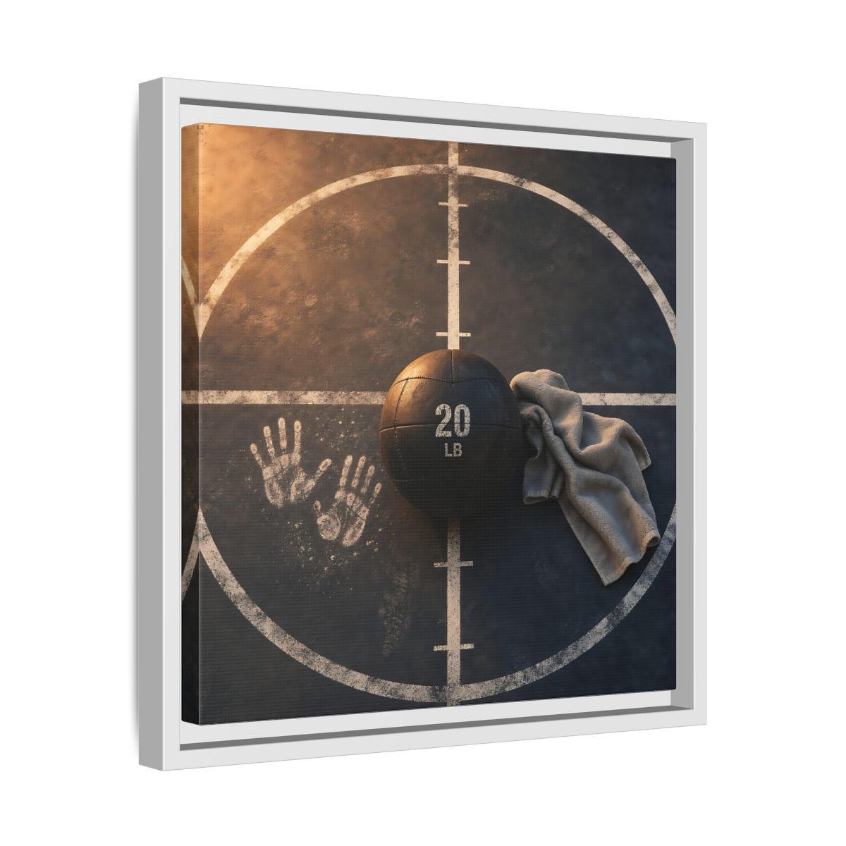 Side Mockup 28. Medicine Ball And Towel shown as framed canvas print