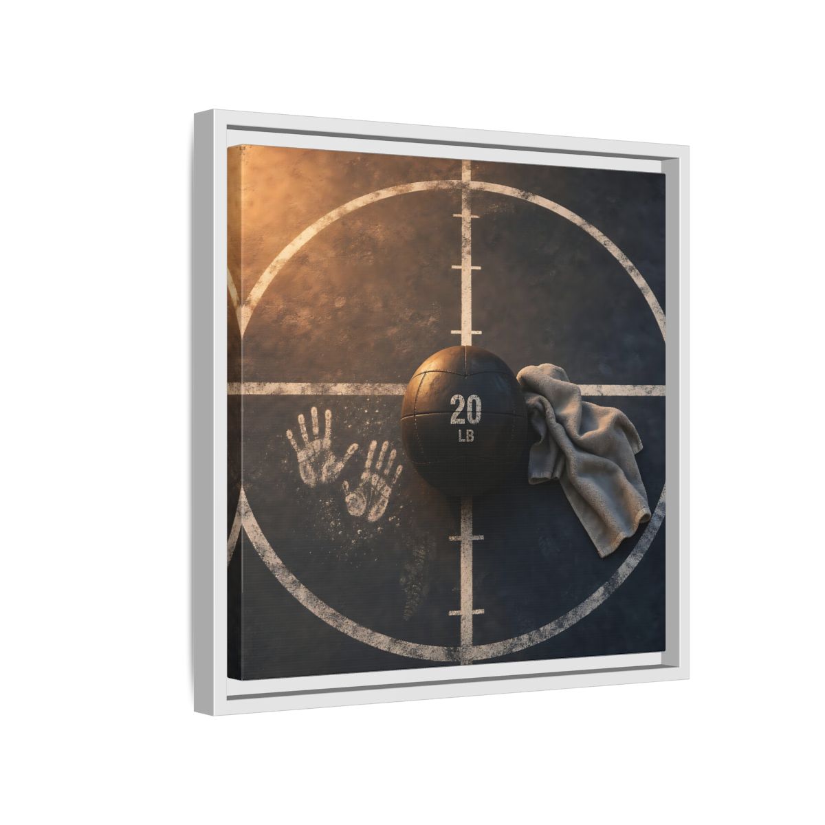 Side Mockup 13. Medicine Ball And Towel shown as framed canvas print
