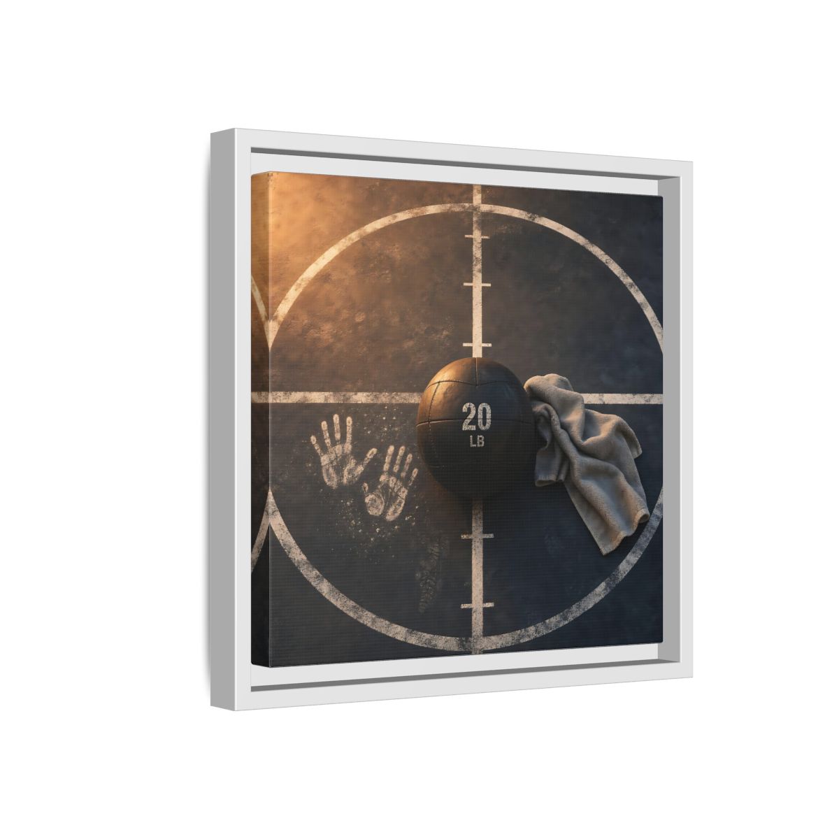 Side Mockup 16. Medicine Ball And Towel shown as framed canvas print