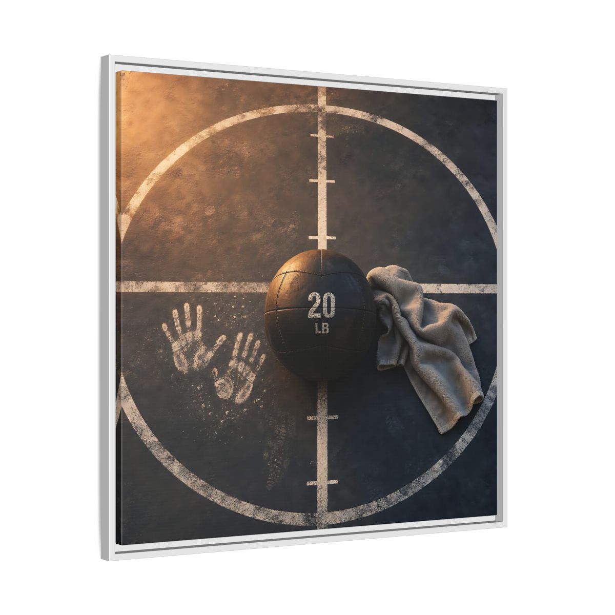 Side Mockup 25. Medicine Ball And Towel shown as framed canvas print
