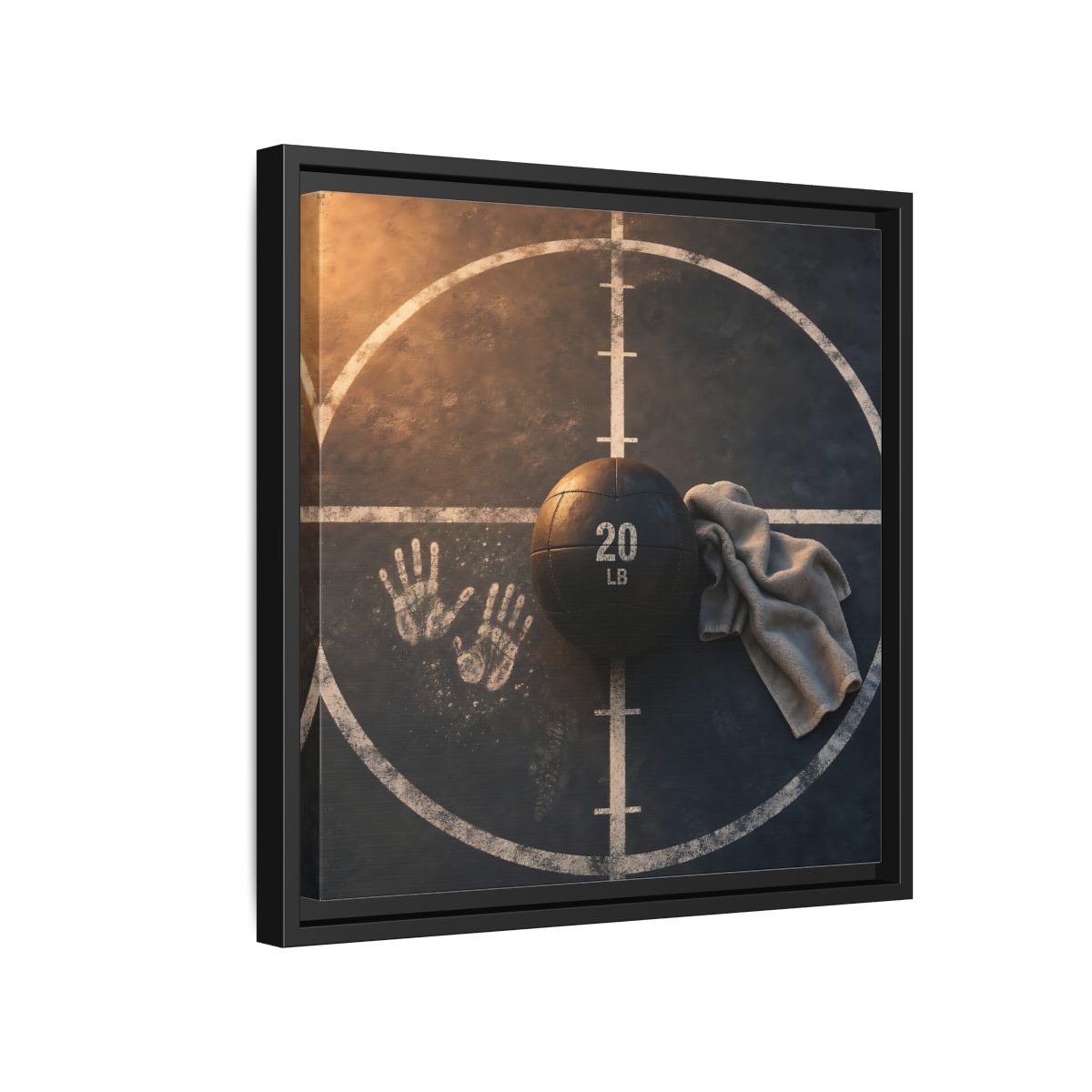 Side Mockup 15. Medicine Ball And Towel shown as framed canvas print