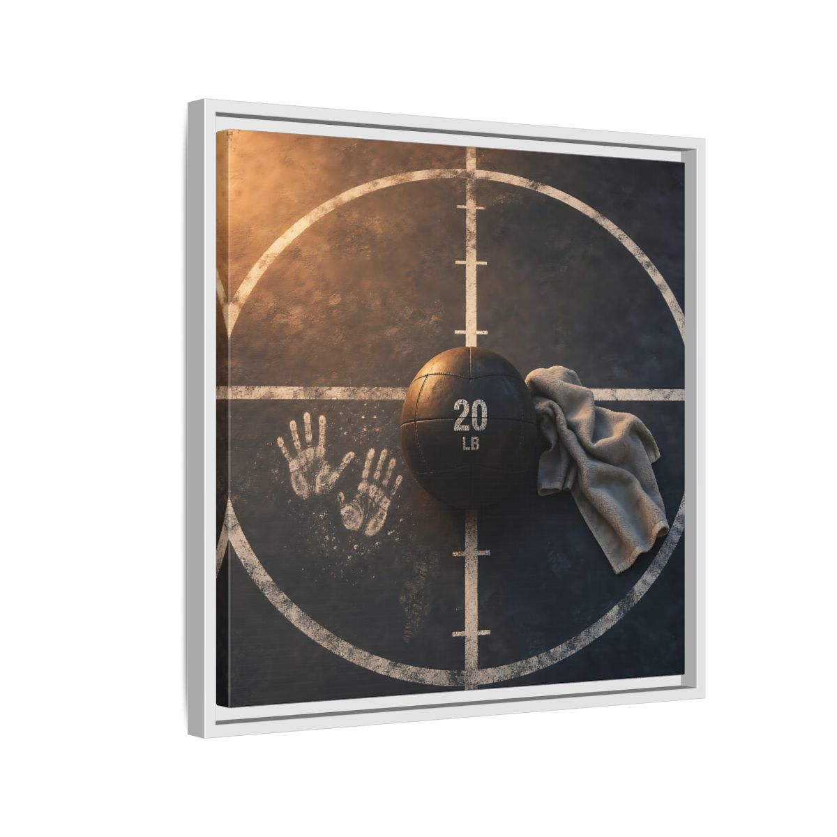 Side Mockup 10. Medicine Ball And Towel shown as framed canvas print