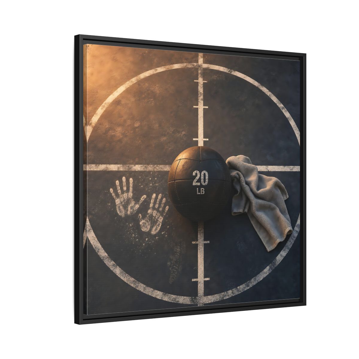 Side Mockup 9. Medicine Ball And Towel shown as framed canvas print