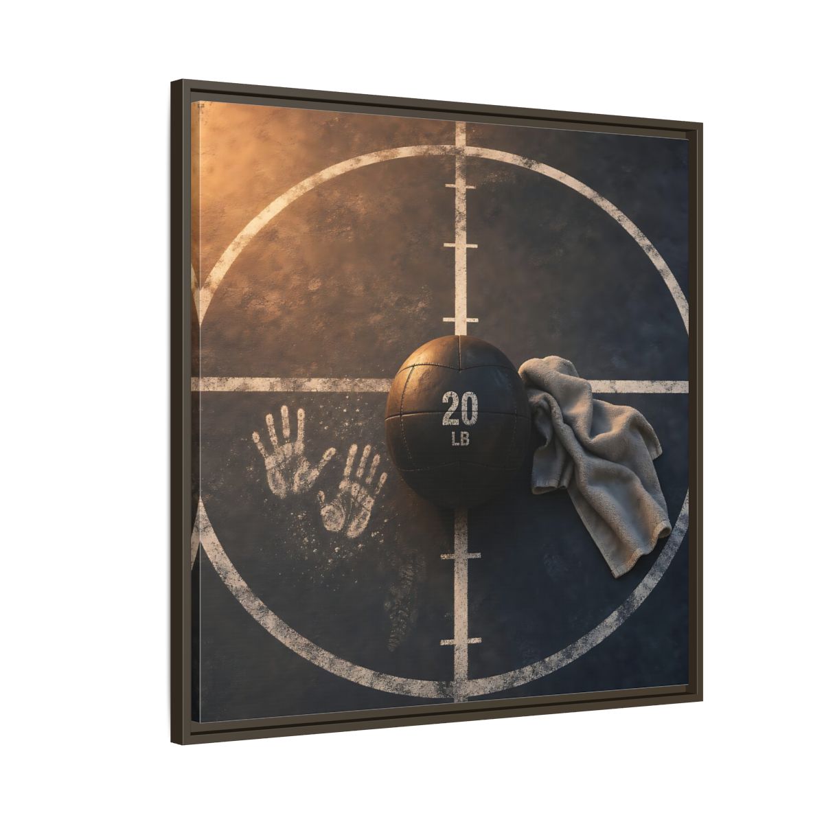 Side Mockup 8. Medicine Ball And Towel shown as framed canvas print