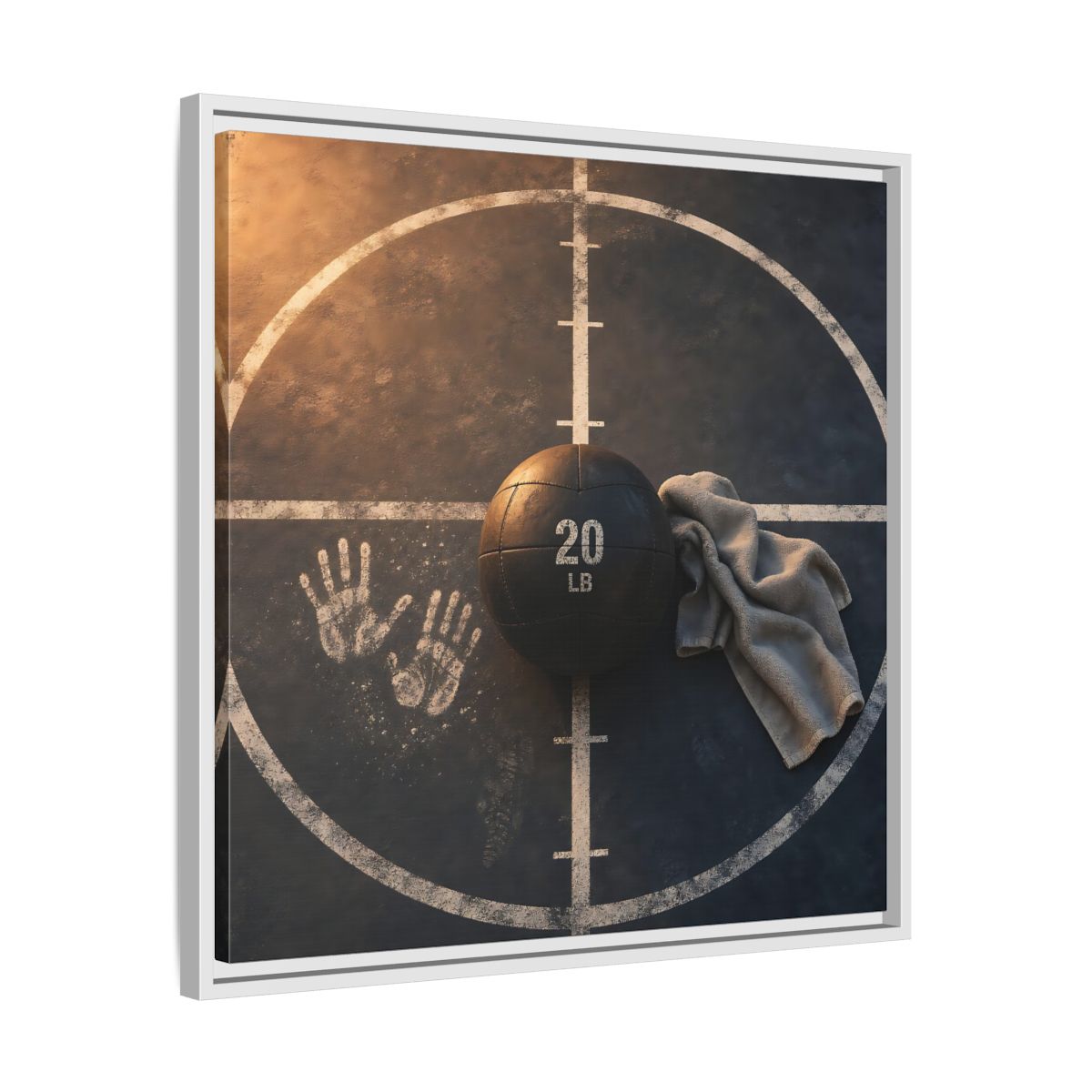 Side Mockup 26. Medicine Ball And Towel shown as framed canvas print