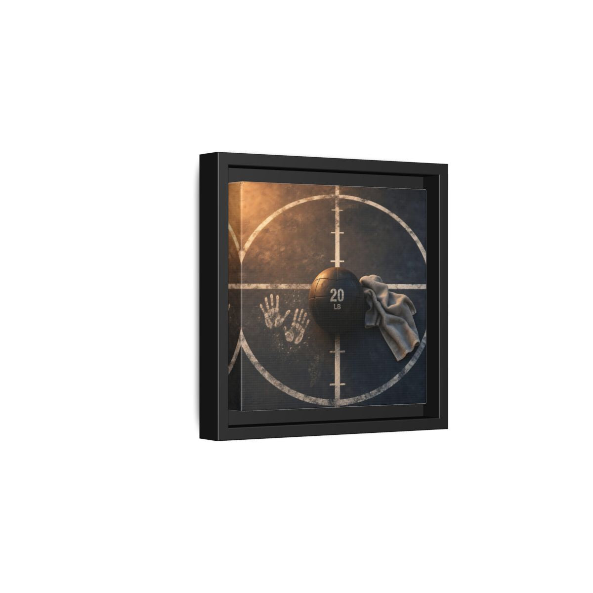 Side Mockup 3. Medicine Ball And Towel shown as framed canvas print