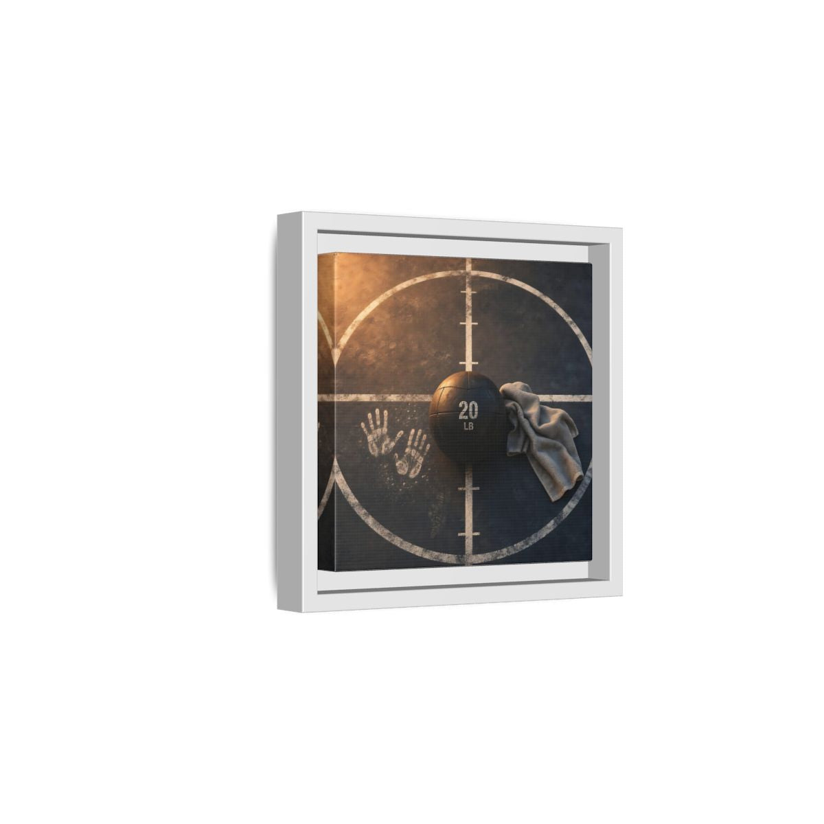 Side Mockup 1. Medicine Ball And Towel shown as framed canvas print