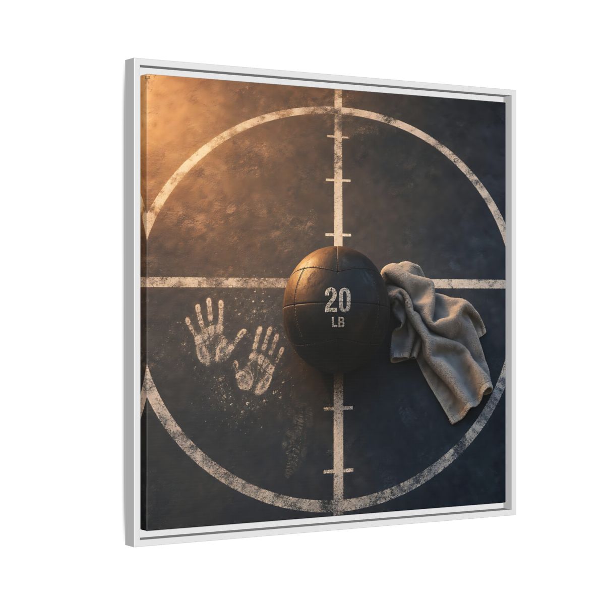 Side Mockup 7. Medicine Ball And Towel shown as framed canvas print