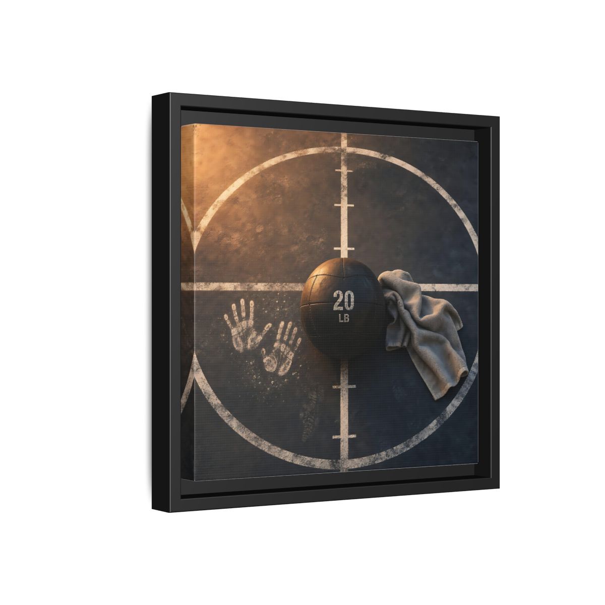 Side Mockup 18. Medicine Ball And Towel shown as framed canvas print