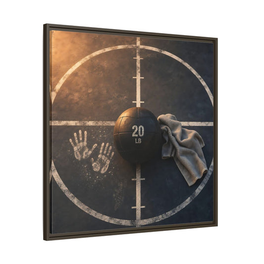 Main Mockup. Medicine Ball And Towel shown as framed canvas print