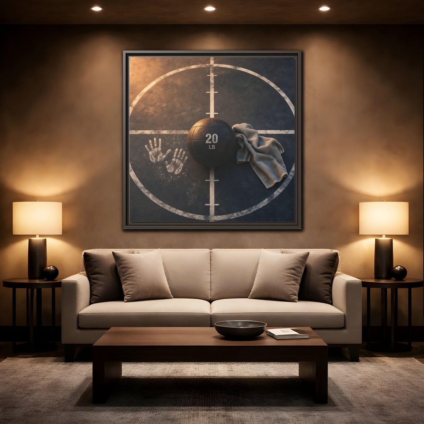 Mockup 2. Medicine Ball And Towel shown as framed canvas print