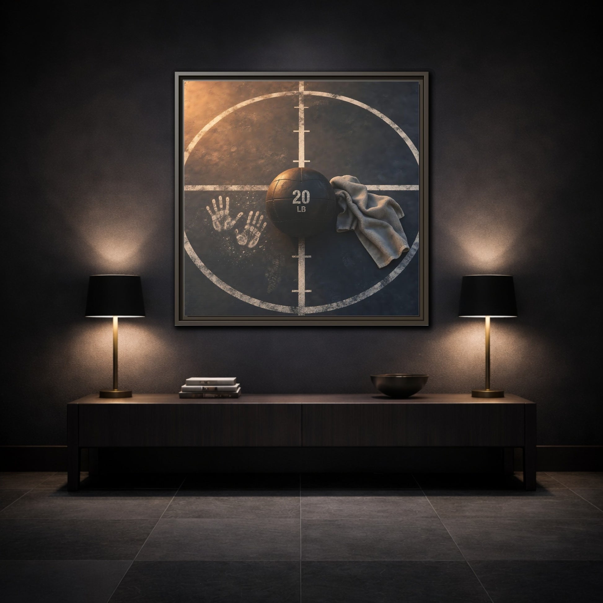 Mockup 3. Medicine Ball And Towel shown as framed canvas print