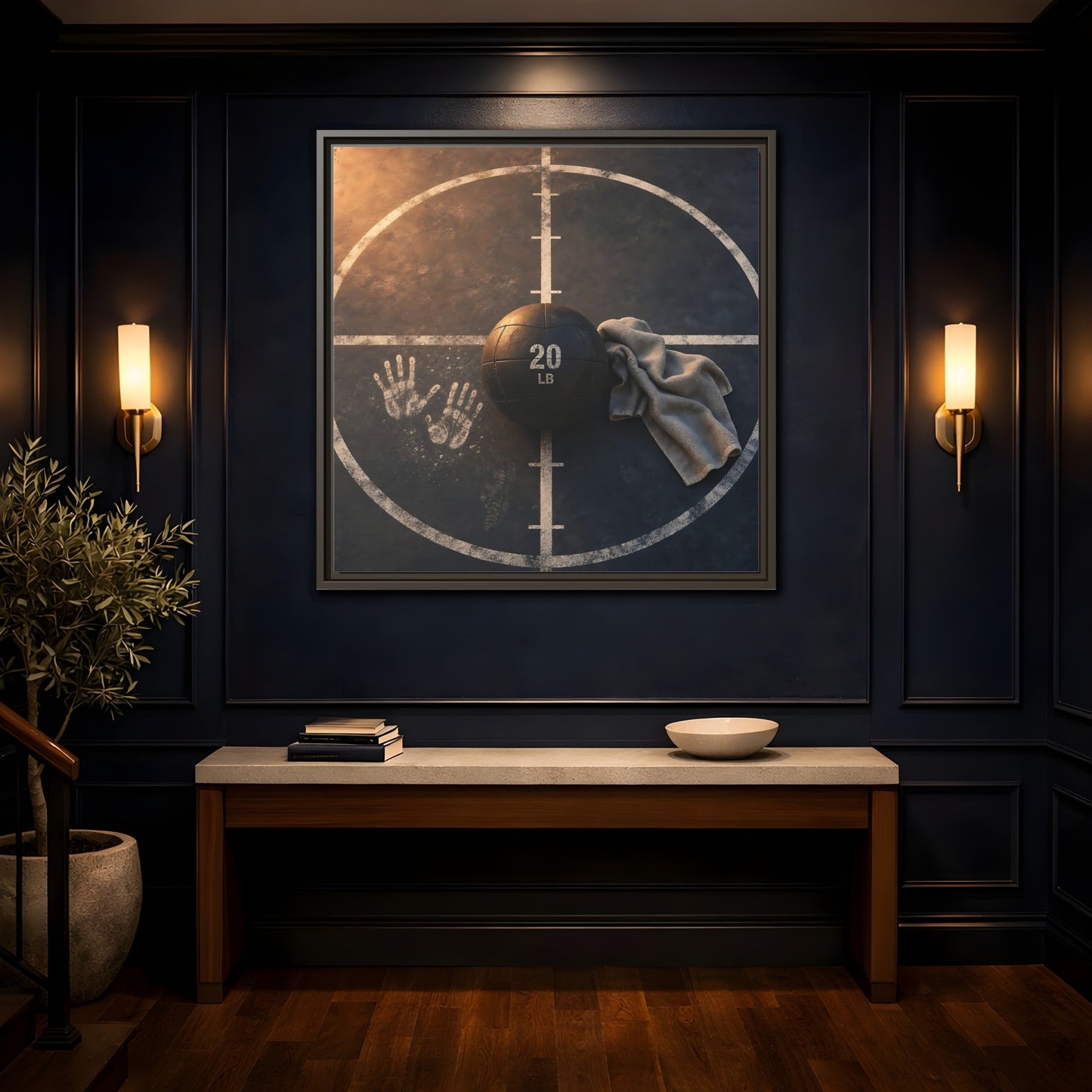 Mockup 4. Medicine Ball And Towel shown as framed canvas print