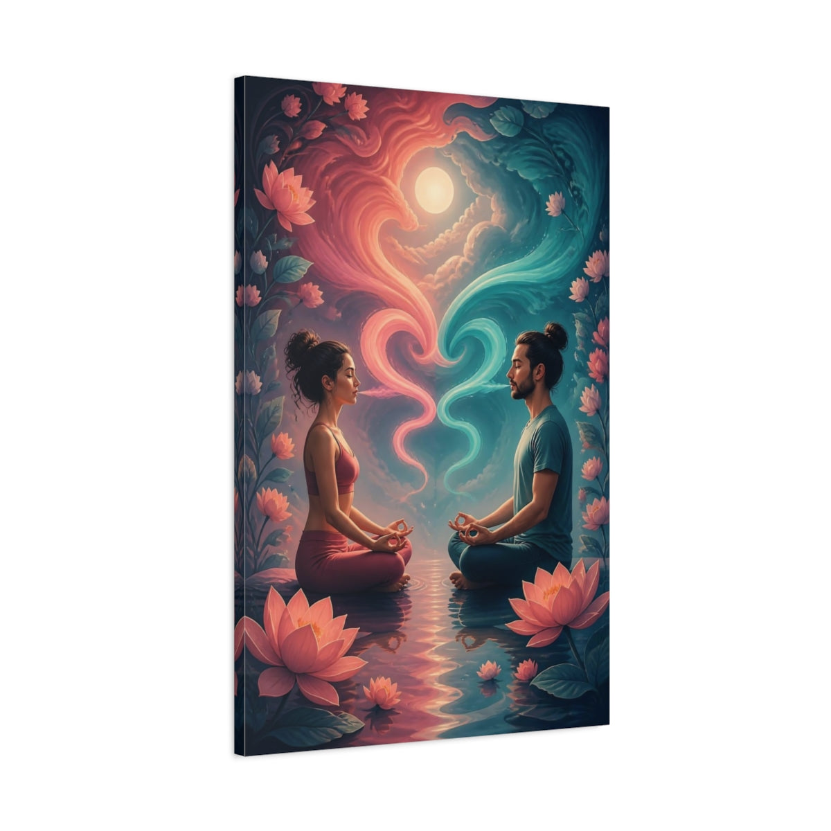 Main Mockup. Meditating Couple With Lotus shown as canvas print