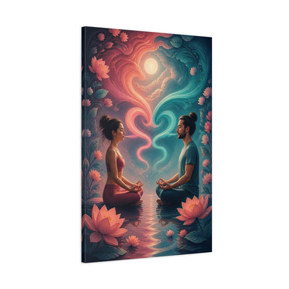 Main Mockup. Meditating Couple With Lotus shown as canvas print