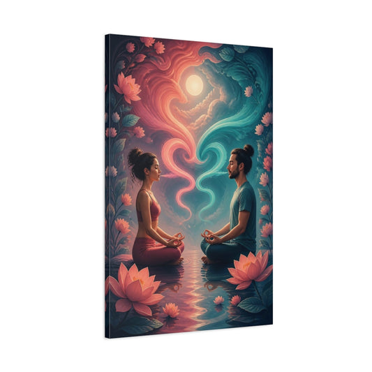 Main Mockup. Meditating Couple With Lotus shown as canvas print