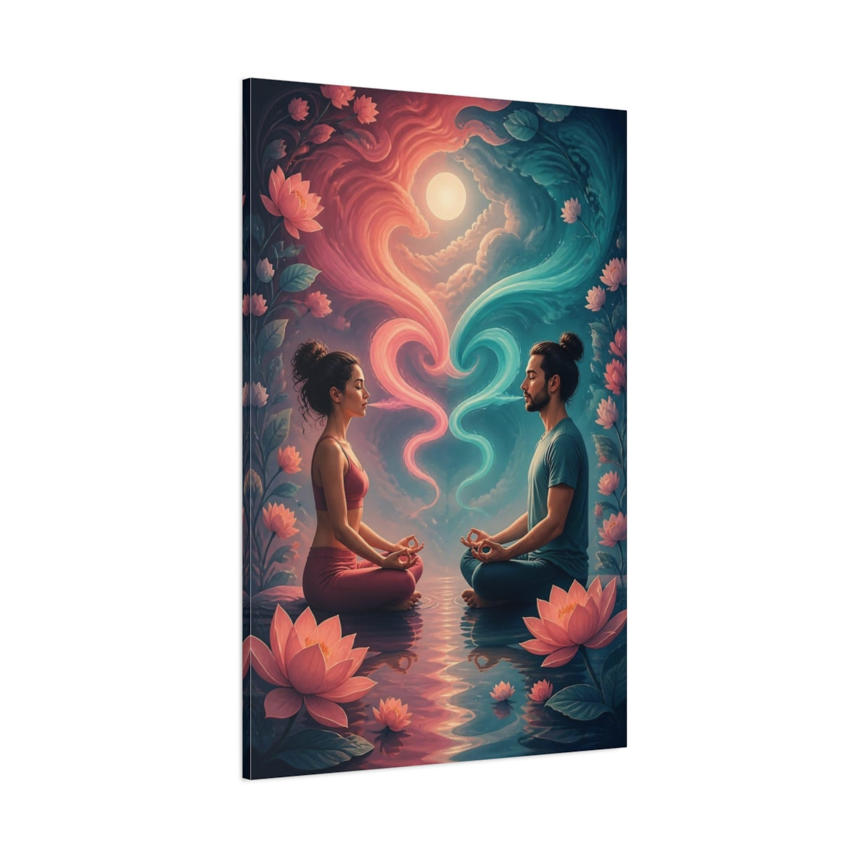Side Mockup 1. Meditating Couple With Lotus shown as canvas print