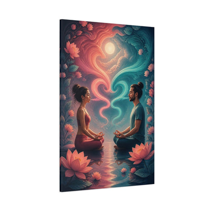 Side Mockup 1. Meditating Couple With Lotus shown as canvas print