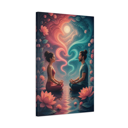 Side Mockup 2. Meditating Couple With Lotus shown as canvas print