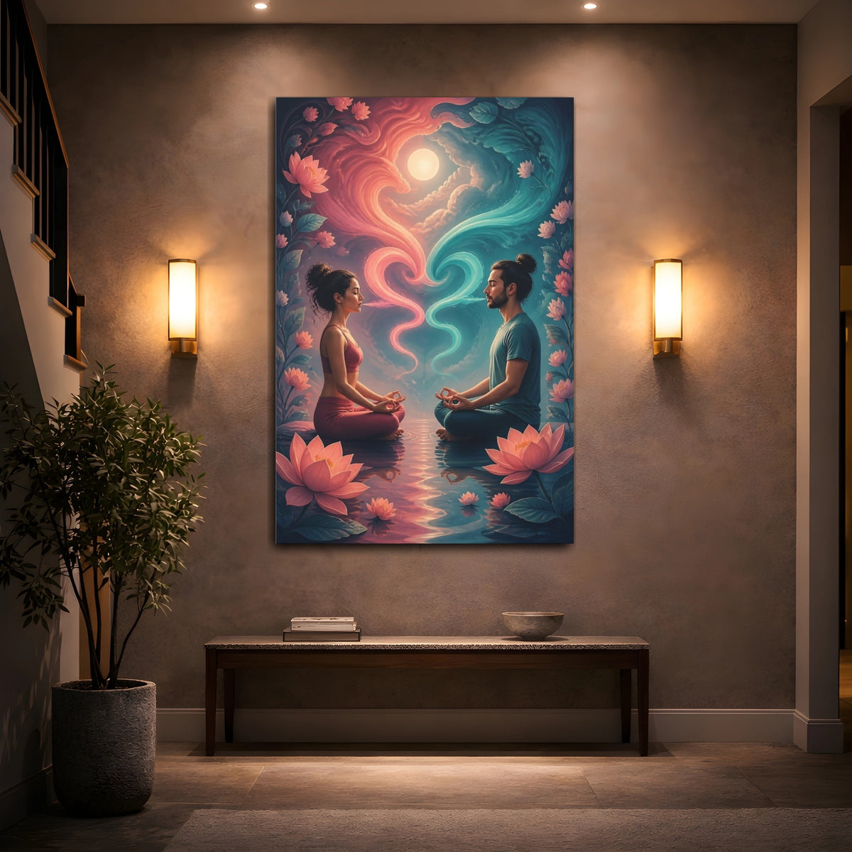Mockup 2. Meditating Couple With Lotus shown as canvas print