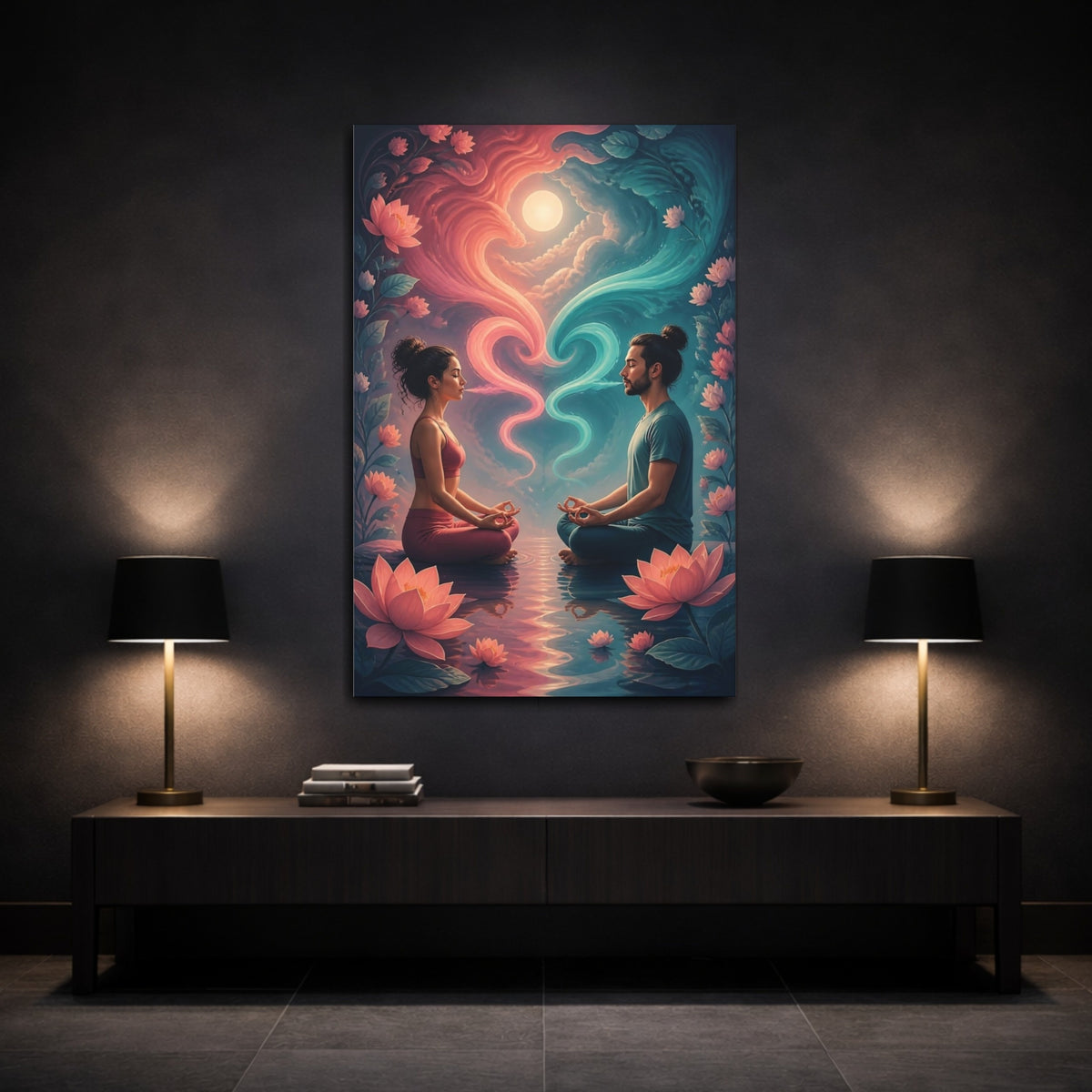 Mockup 3. Meditating Couple With Lotus shown as canvas print
