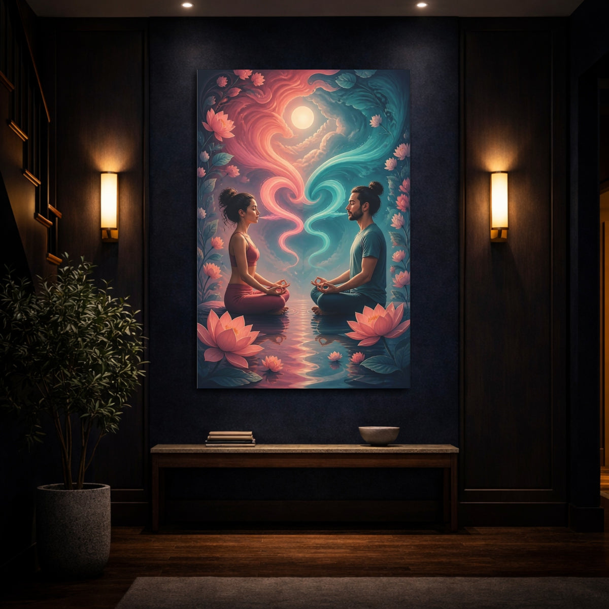 Mockup 4. Meditating Couple With Lotus shown as canvas print