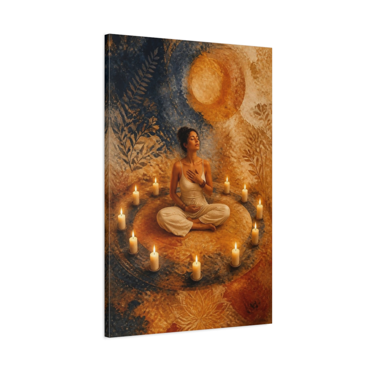 Main Mockup. Meditating Woman In Candle Circle shown as canvas print
