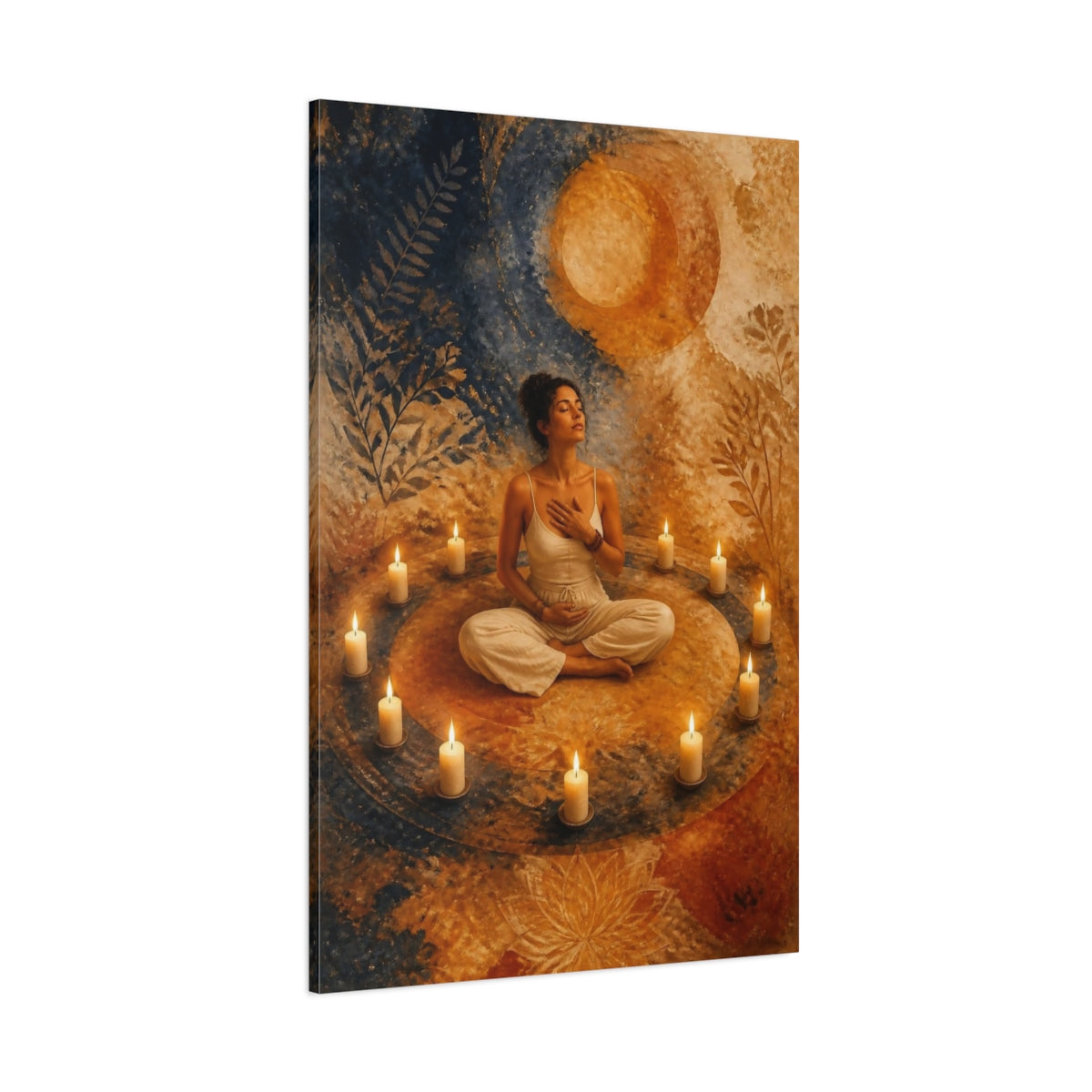 Side Mockup 1. Meditating Woman In Candle Circle shown as canvas print