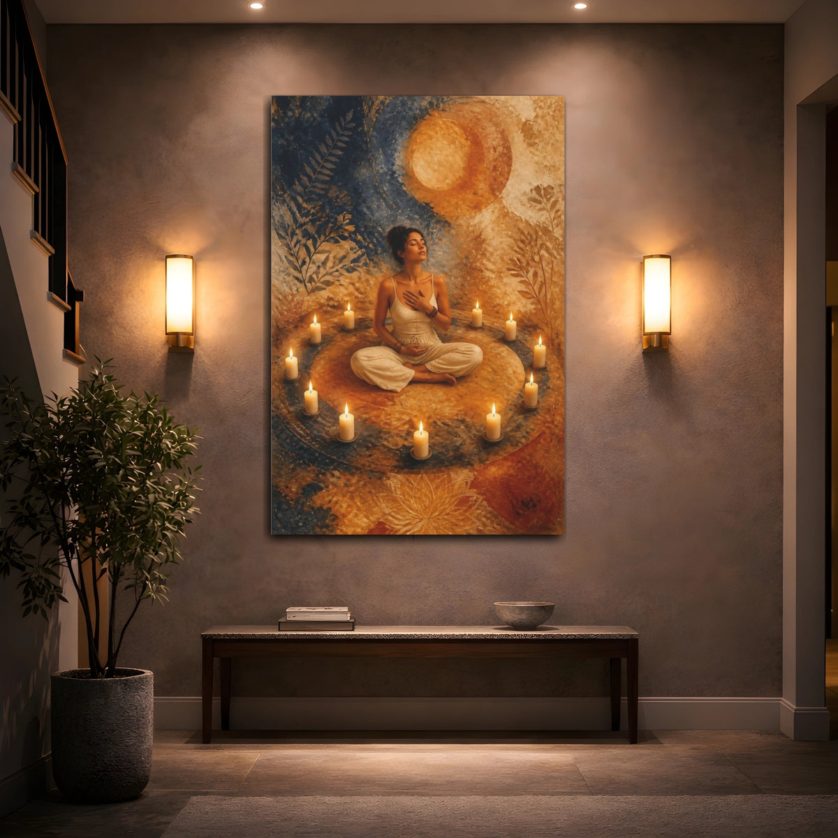Mockup 2. Meditating Woman In Candle Circle shown as canvas print