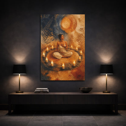 Mockup 3. Meditating Woman In Candle Circle shown as canvas print