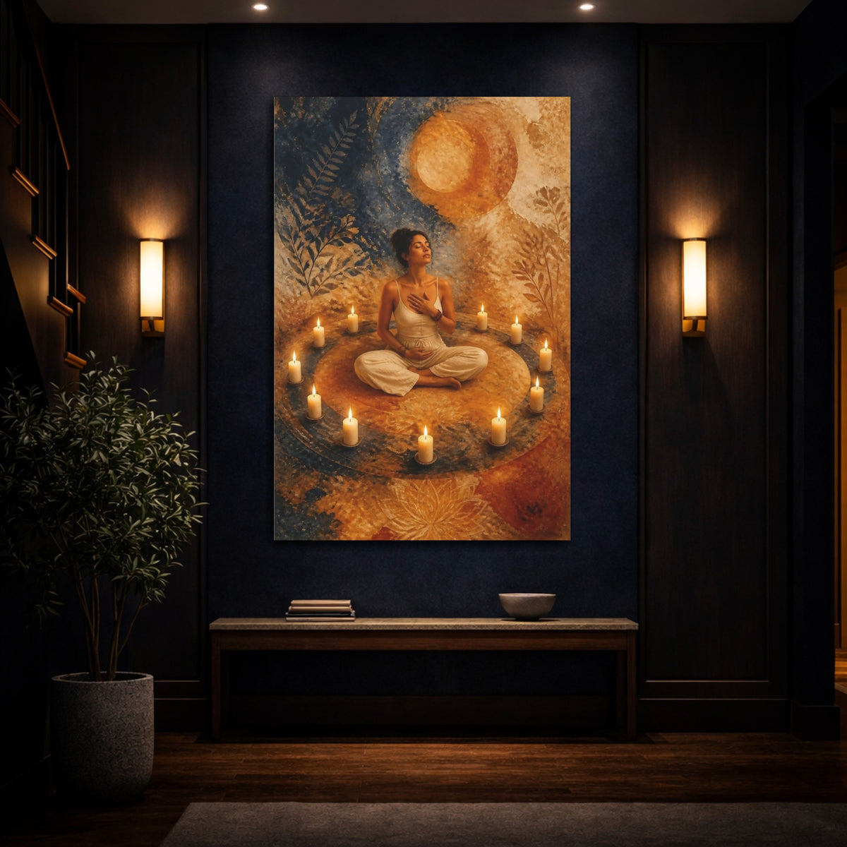 Mockup 4. Meditating Woman In Candle Circle shown as canvas print