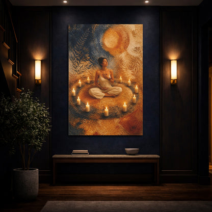 Mockup 4. Meditating Woman In Candle Circle shown as canvas print
