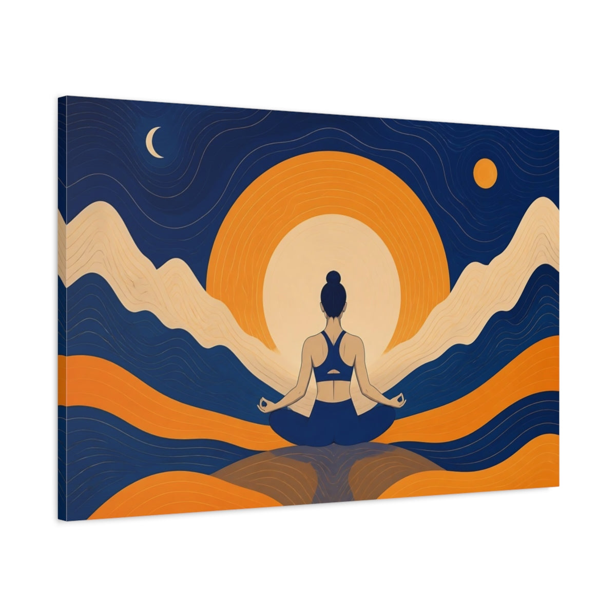 Main Mockup. Meditating Woman Sunrise Glow shown as canvas print