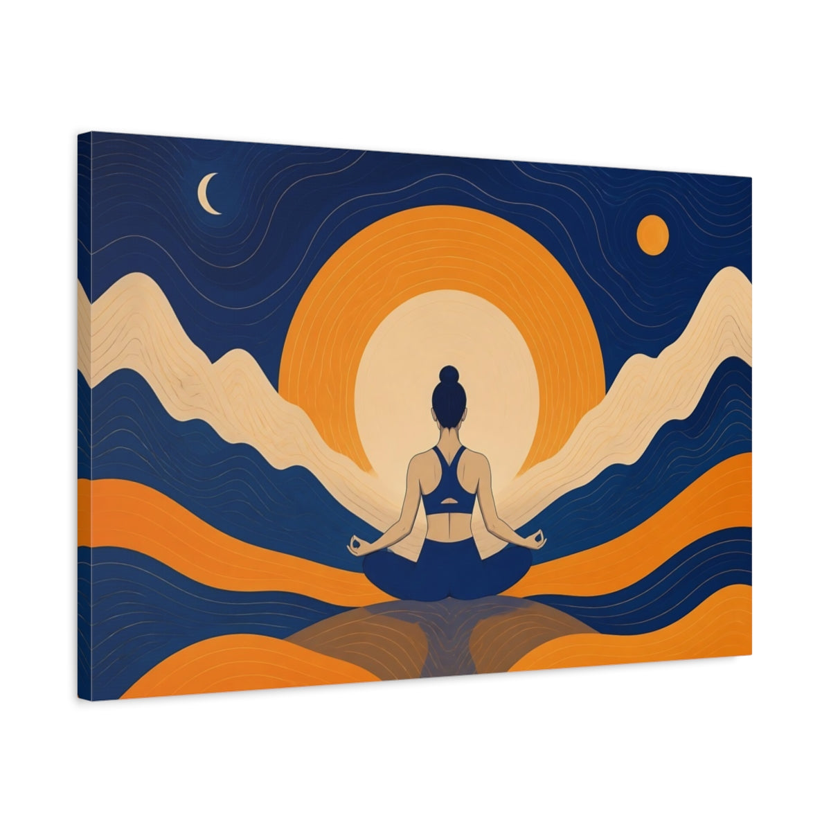 Side Mockup 2. Meditating Woman Sunrise Glow shown as canvas print