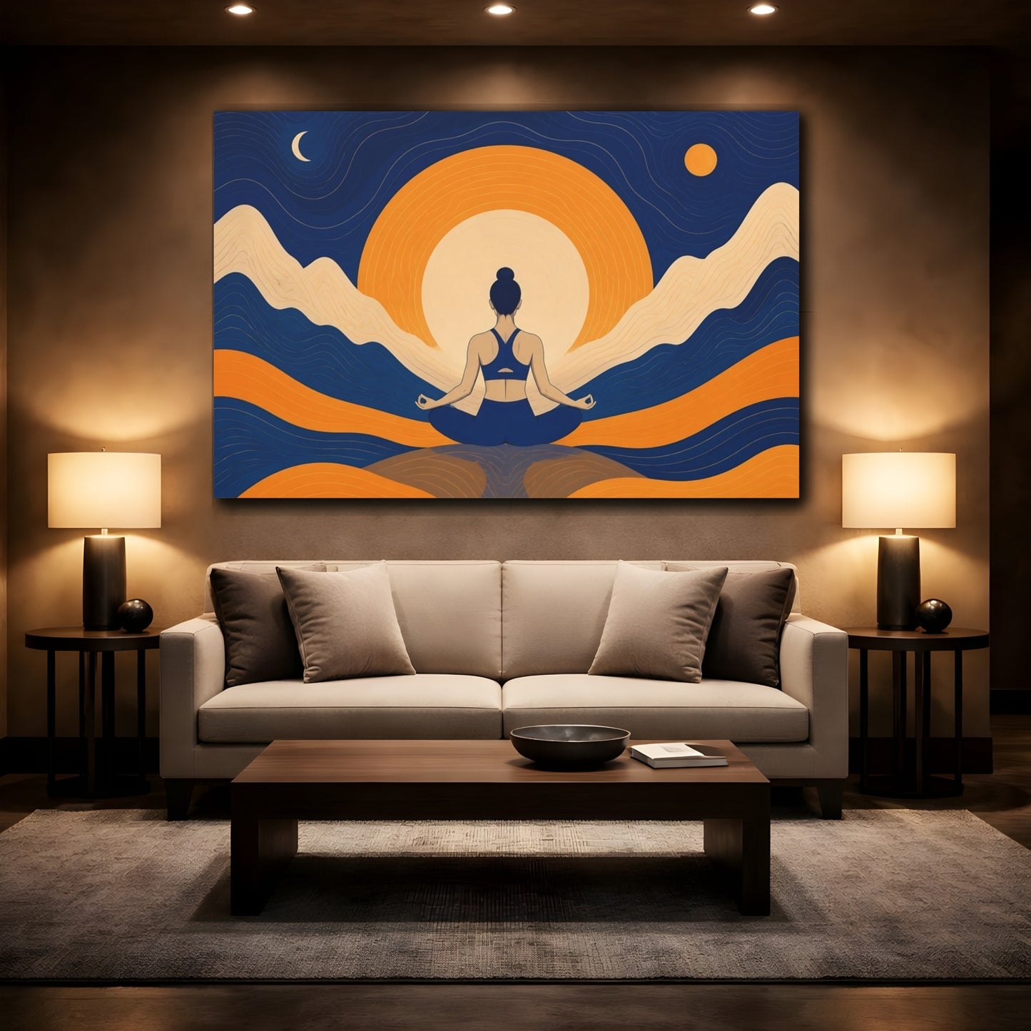 Mockup 2. Meditating Woman Sunrise Glow shown as canvas print