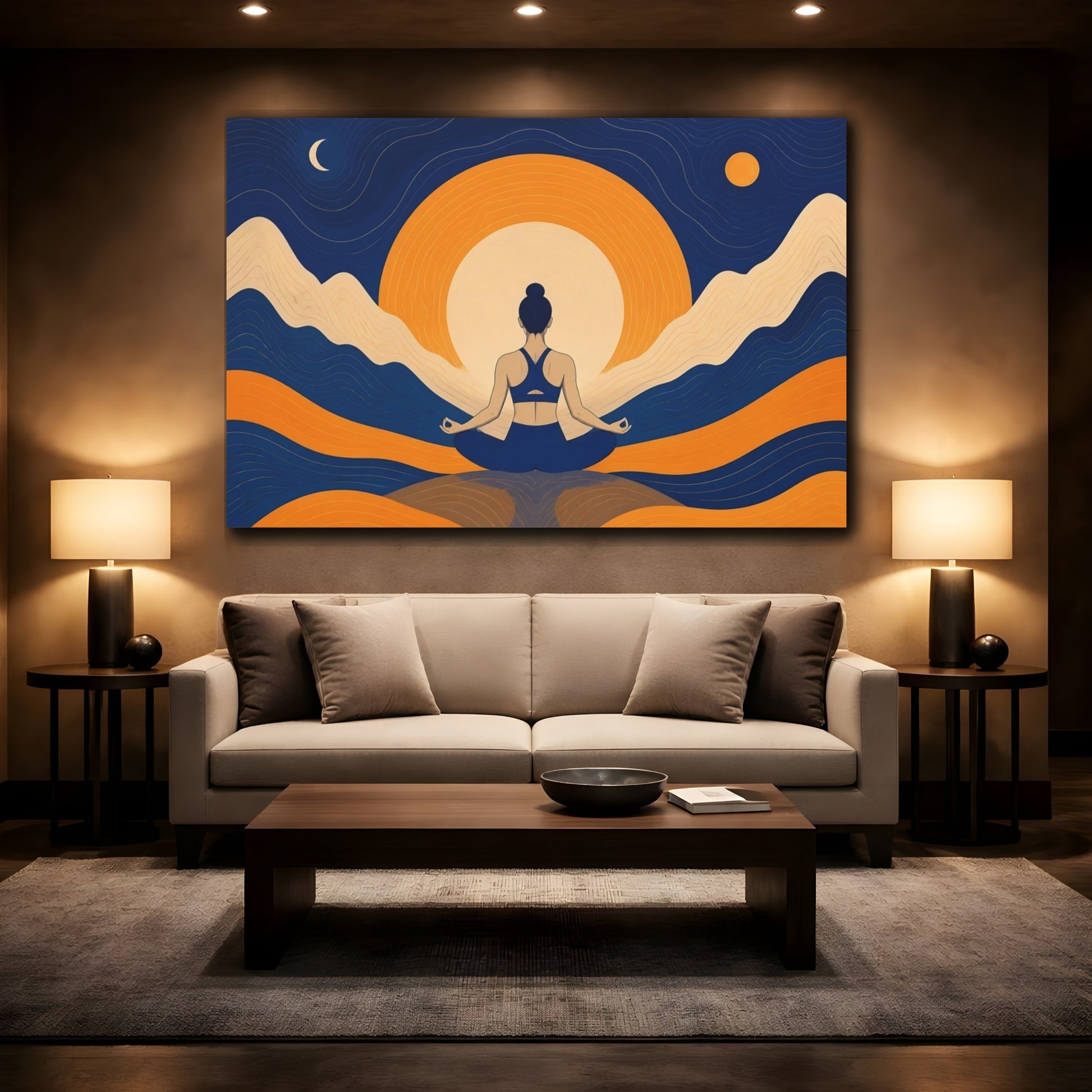 Mockup 2. Meditating Woman Sunrise Glow shown as canvas print