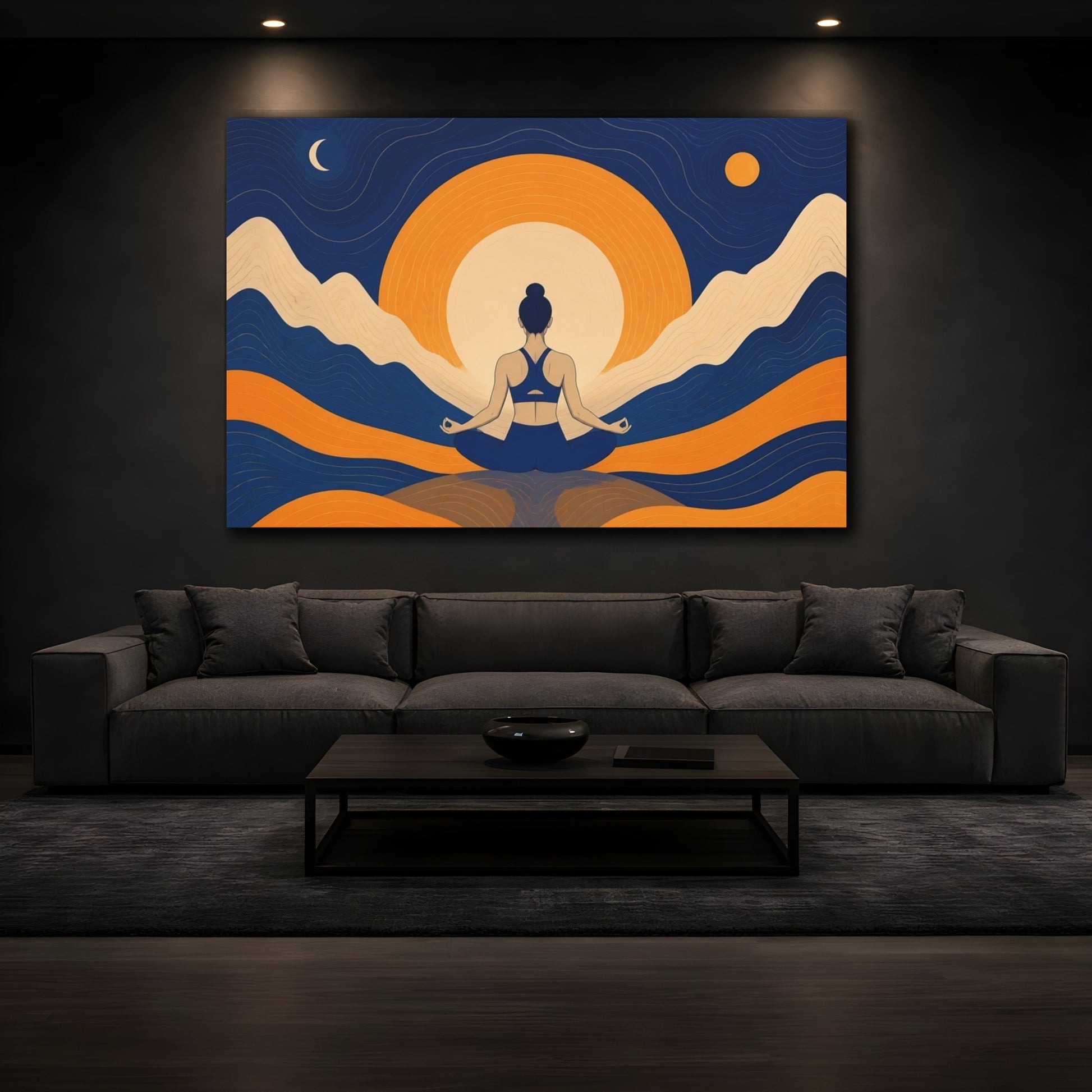 Mockup 3. Meditating Woman Sunrise Glow shown as canvas print