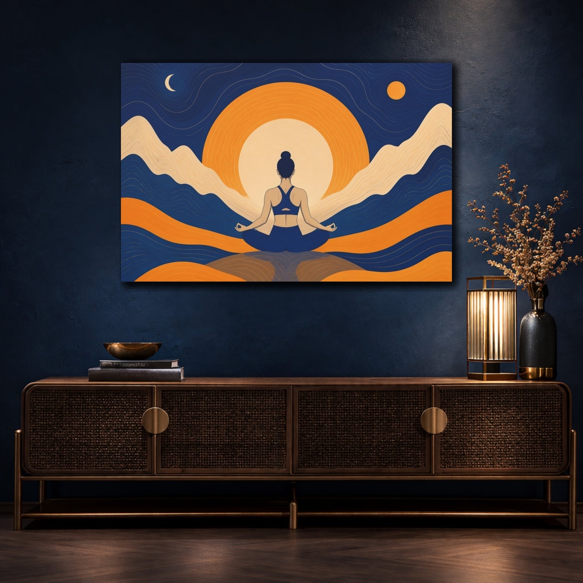 Mockup 4. Meditating Woman Sunrise Glow shown as canvas print