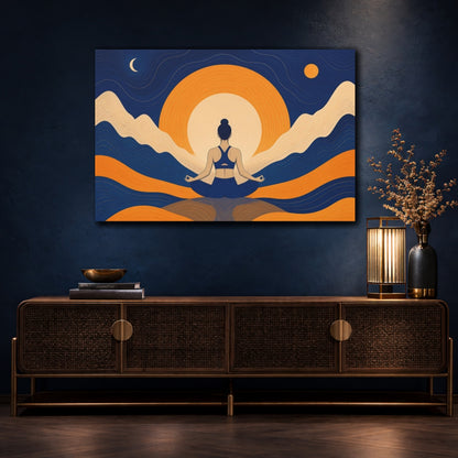 Mockup 4. Meditating Woman Sunrise Glow shown as canvas print
