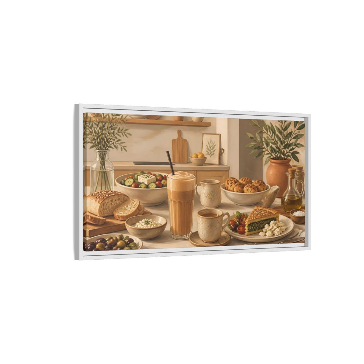 Side Mockup 1. Mediterranean Breakfast Table shown as framed canvas print