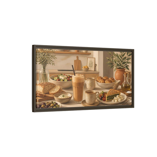 Main Mockup. Mediterranean Breakfast Table shown as framed canvas print