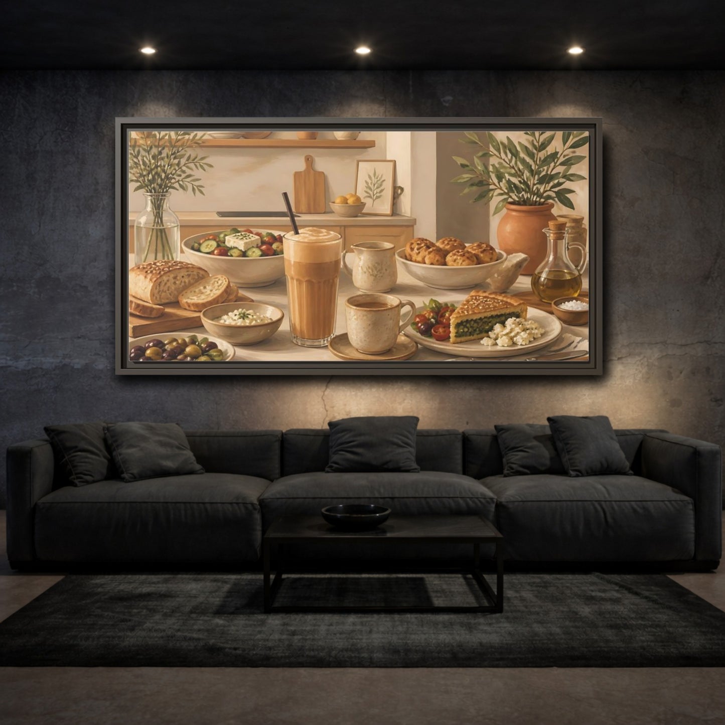 Mockup 3. Mediterranean Breakfast Table shown as framed canvas print