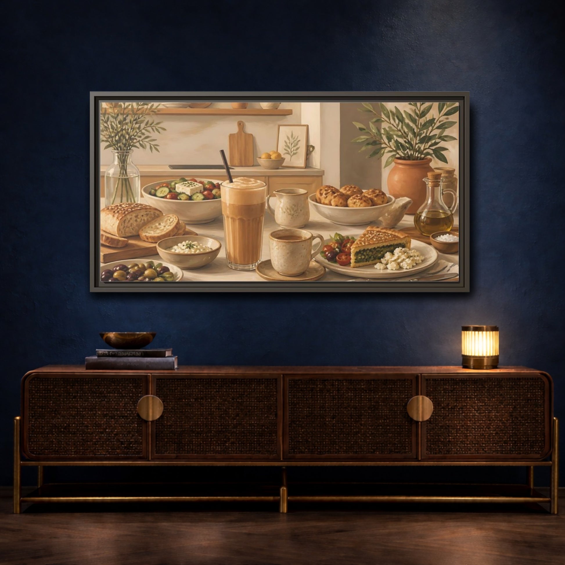 Mockup 4. Mediterranean Breakfast Table shown as framed canvas print