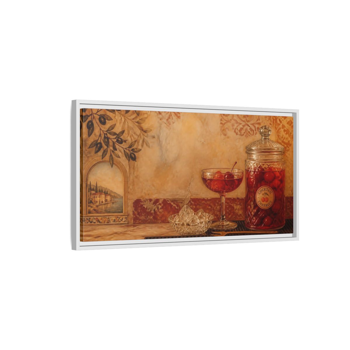 Side Mockup 1. Mediterranean Cherry Jar shown as framed canvas print