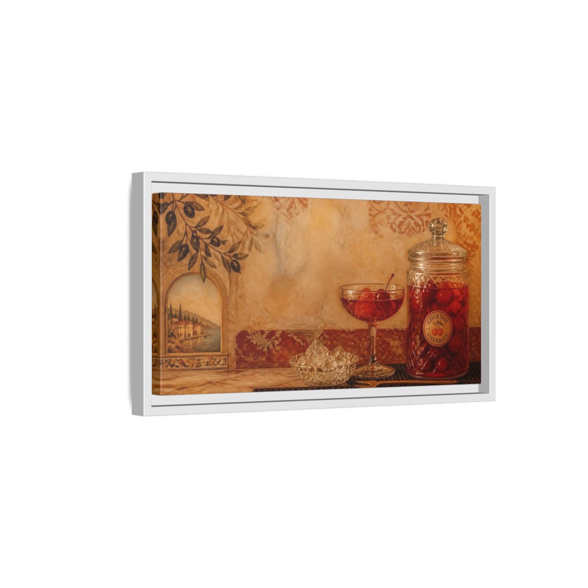 Side Mockup 6. Mediterranean Cherry Jar shown as framed canvas print