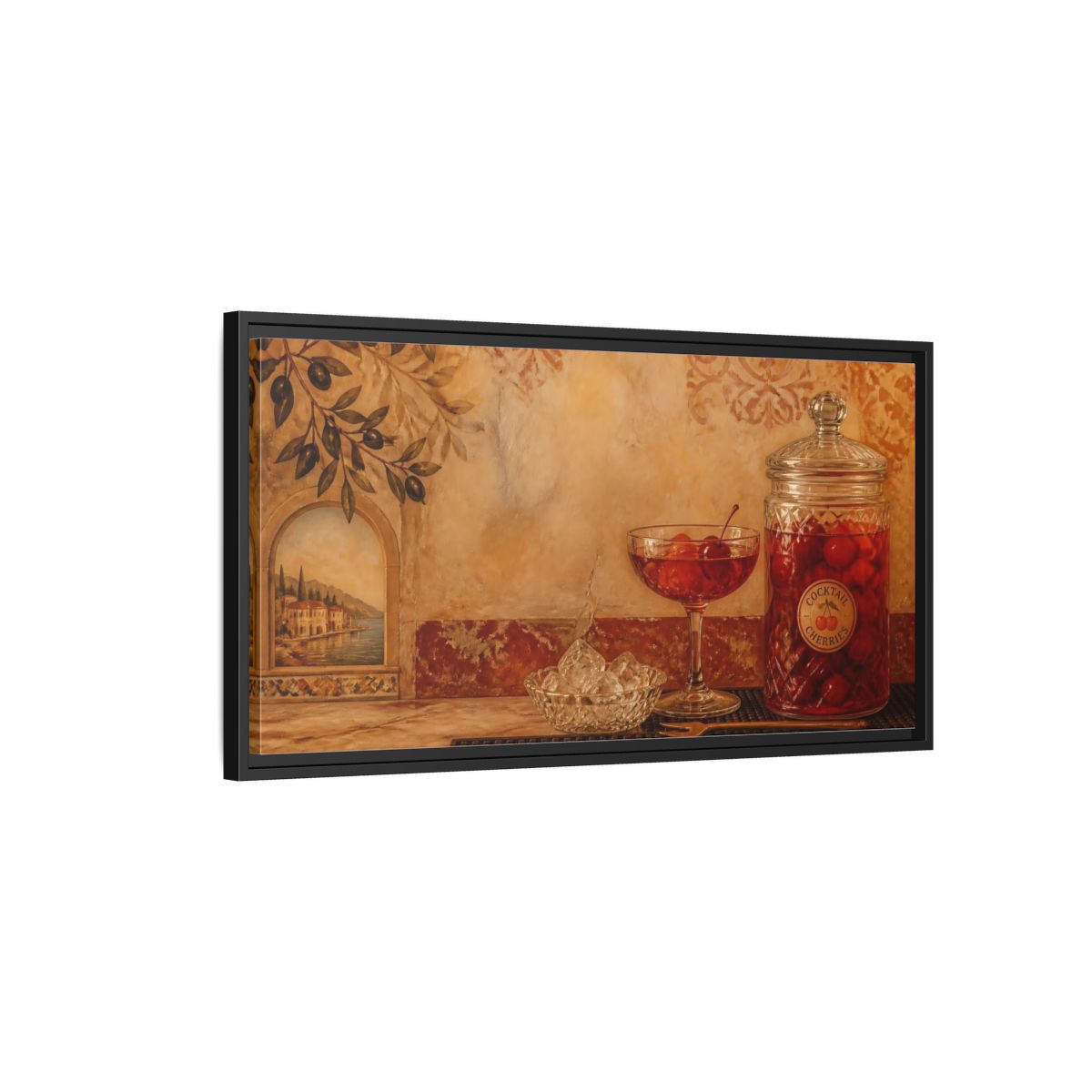 Side Mockup 2. Mediterranean Cherry Jar shown as framed canvas print
