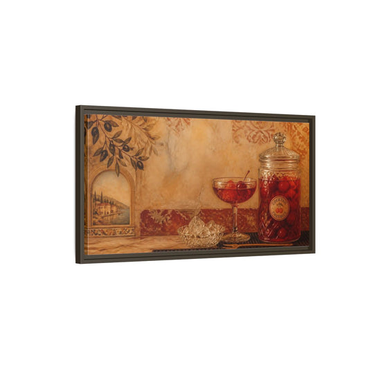 Main Mockup. Mediterranean Cherry Jar shown as framed canvas print