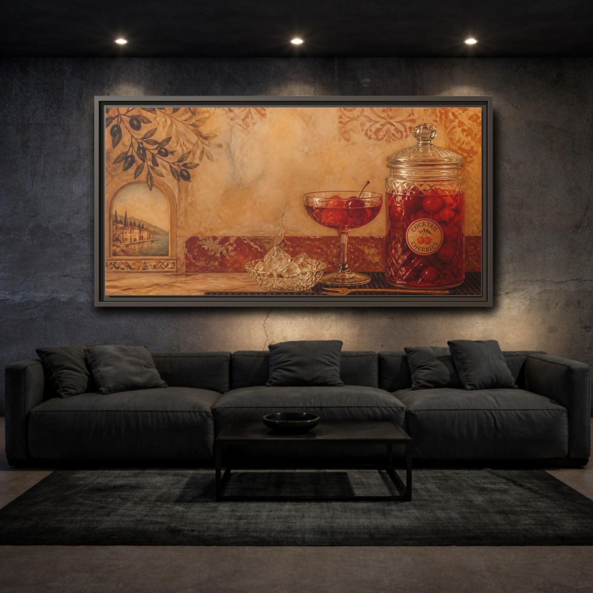 Mockup 3. Mediterranean Cherry Jar shown as framed canvas print